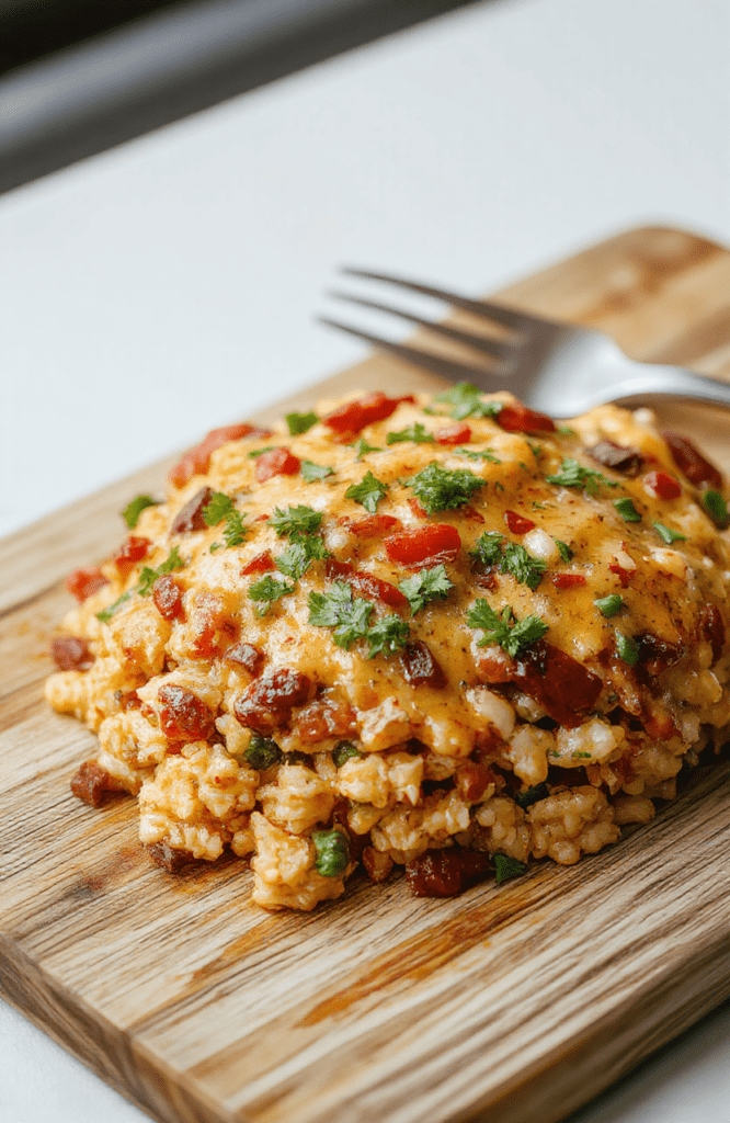 A rustic cast-iron skillet filled with fluffy white rice, seasoned ground beef, meltedched Monterey Jack cheddar, black beans, diced tomatoes with green chiles, and a sprinkle of fresh cilantro and red onion, garnished with extra shredded cheese and a lime wedge on the side against a warm wooden tabletop.