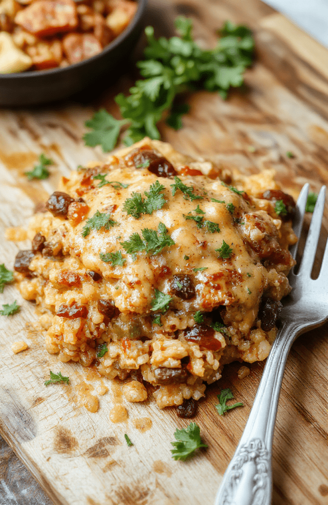 A rustic cast-iron skillet filled with fluffy white rice, seasoned ground beef, meltedched Monterey Jack cheddar, black beans, diced tomatoes with green chiles, and a sprinkle of fresh cilantro and red onion, garnished with extra shredded cheese and a lime wedge on the side against a warm wooden tabletop.