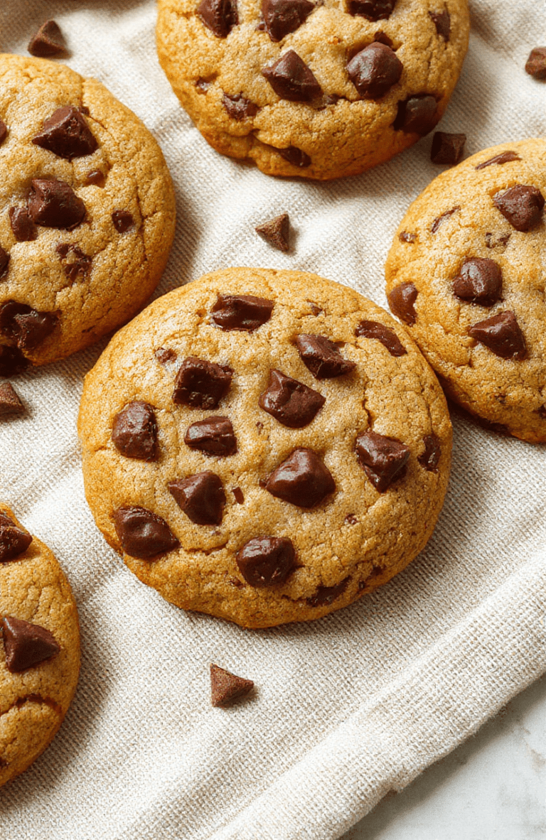 A golden-brown tray of rich, chewy chocolate chip cookies fresh from the oven, slightly puffed with visible chocolate chips peeking through cracks in the dough. One cookie is broken open showing a soft, gooey interior and melty chocolate pockets. Plated on simple parchment paper with bare hands gently holding a warm cookie. Soft natural daylight, shallow depth of field, rustic wooden cutting board background with subtle texture.