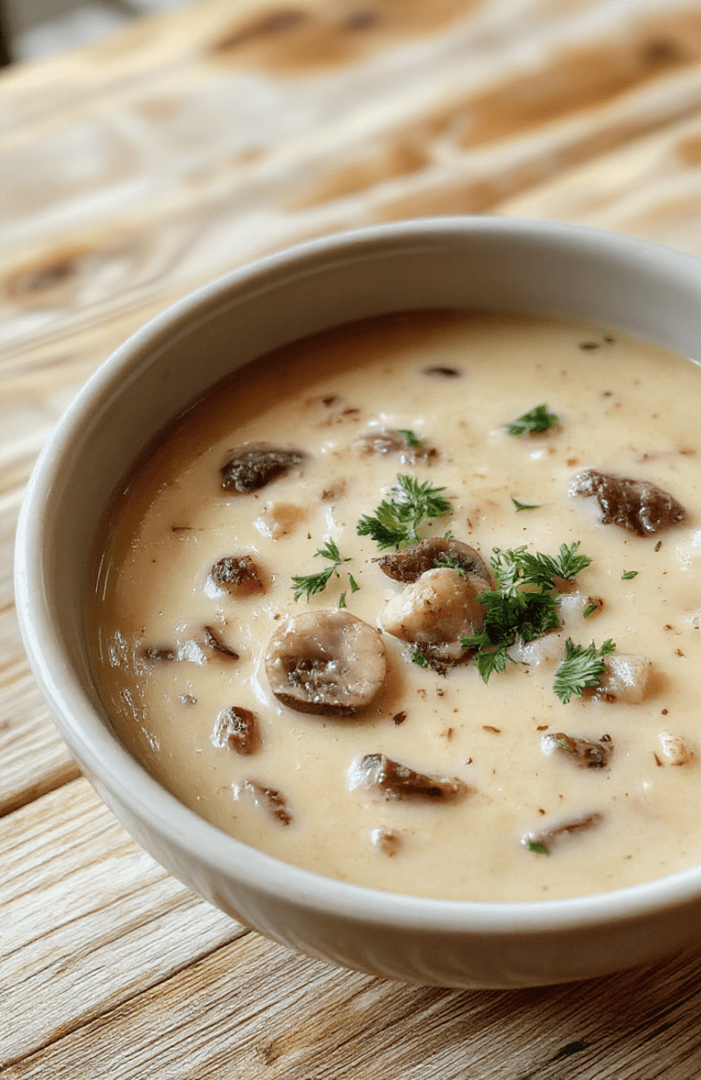 Steaming bowl of creamy mushroom soup with tender sliced mushrooms and fresh parsley garnish, served in a rustic white ceramic bowl on a wooden table with soft natural light and cozy autumn backdrop.