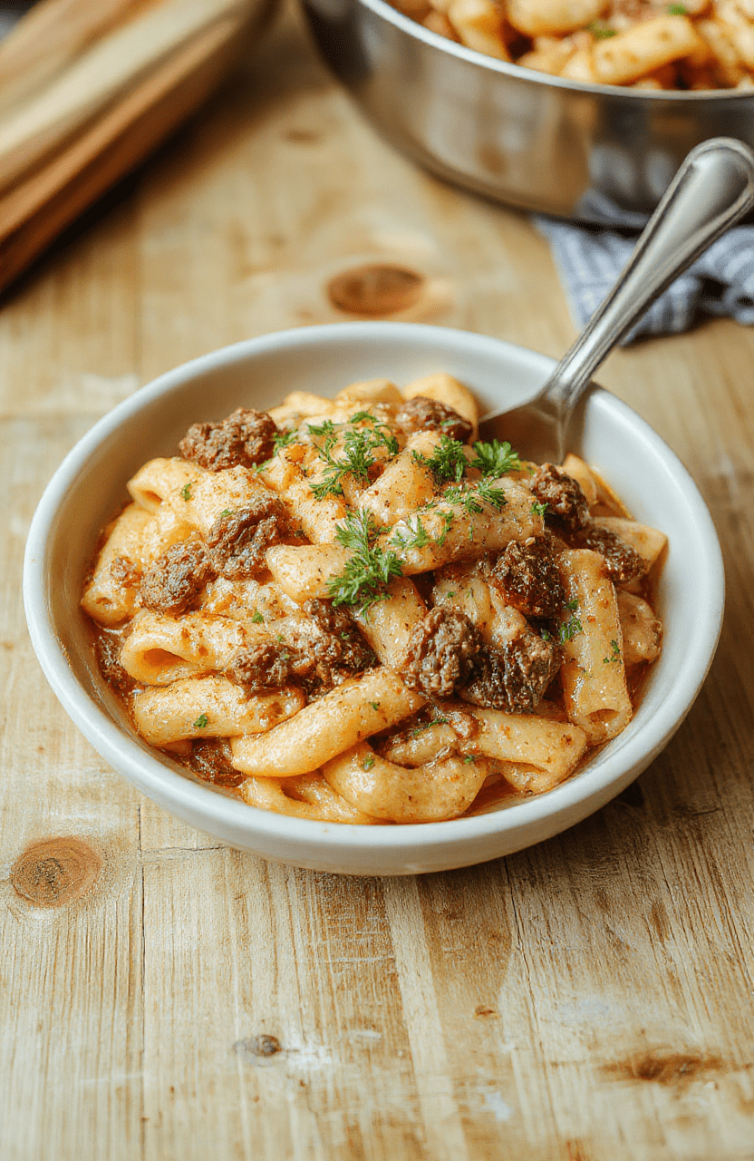 A generous portion of al dente fettuccine tossed in a rich, creamy garlic-parmesan sauce, with tender gray-brown ground beef crumbles and dark green flecks of parsley, served in a rustic ceramic bowl beside a drizzle of olive oil and a sprinkle of fresh basil leaves, on a light oak wooden table with soft natural light.