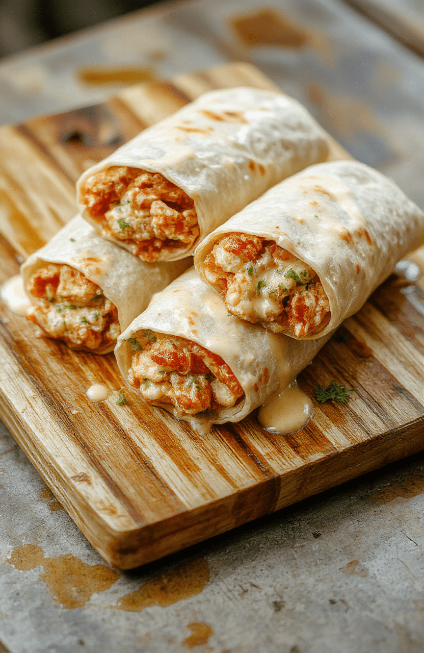 Close-up of two golden-brown grilled flour wraps filled with juicy shredded chicken, melted cheddar and mozzarella cheese, and creamy garlic-herb sauce, served on a rustic wooden board with fresh spinach and cherry tomatoes on the side. Steam rises gently from the wraps, and a drizzle of sauce glistens on the plate.