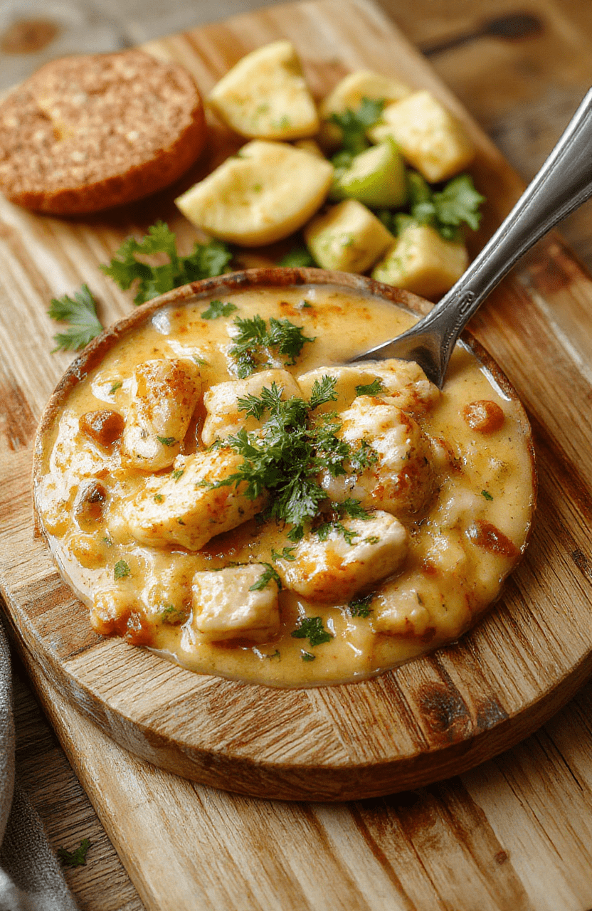 A steaming bowl of creamy chicken enchilada soup in a rustic white ceramic bowl, topped with shredded Monterrey Jack cheese, fresh cilantro, sliced avocado, and a dollop of sour cream, served on a wooden board with a side of warm tortilla chips and a sprinkle of lime wedges nearby, soft natural lighting, shallow depth of field, vibrant colors.