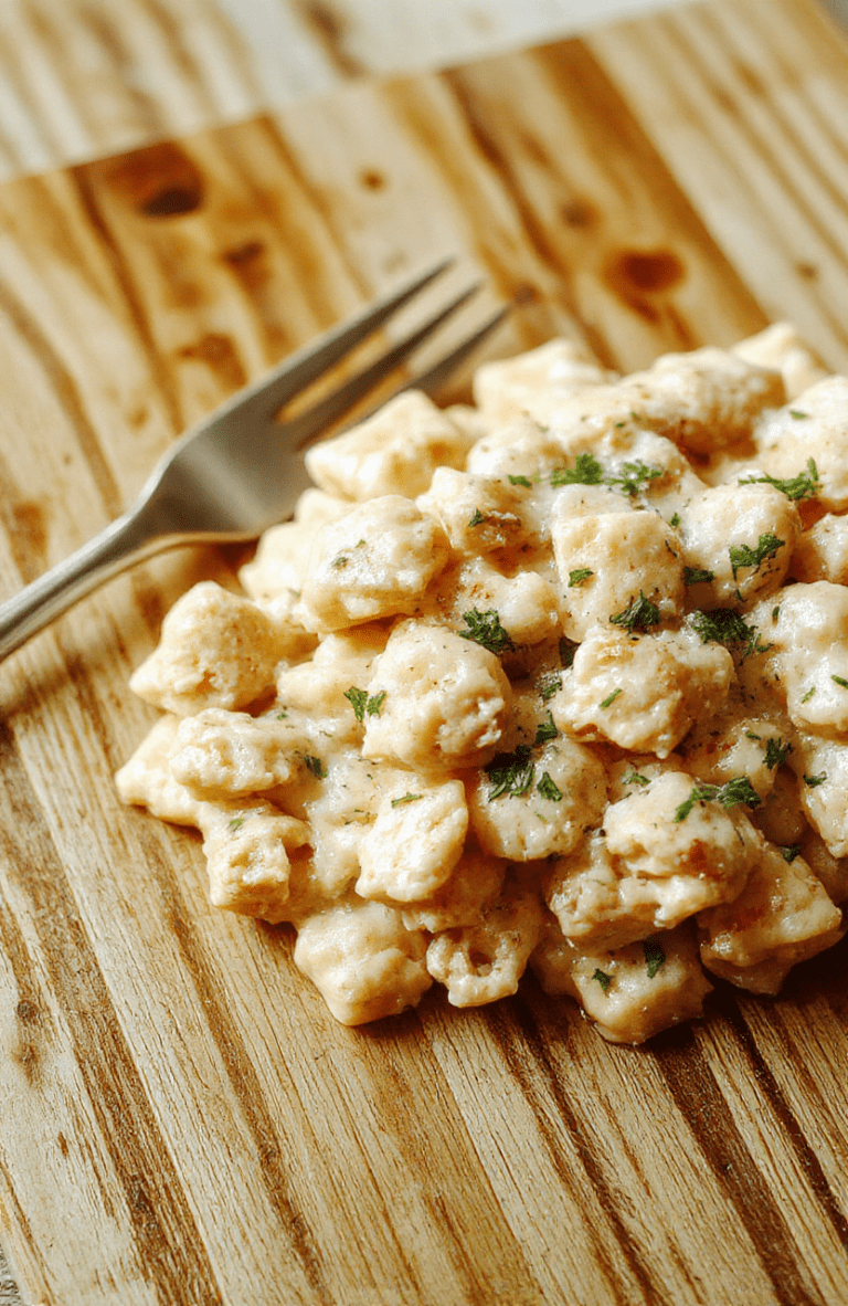 A generous bowl of creamy chicken pot pie pasta with tender chicken chunks, peas, carrots, and soft pasta in a rich white sauce, garnished with fresh parsley and a sprinkle of cracked black pepper, served on a rustic wooden table with soft natural lighting.