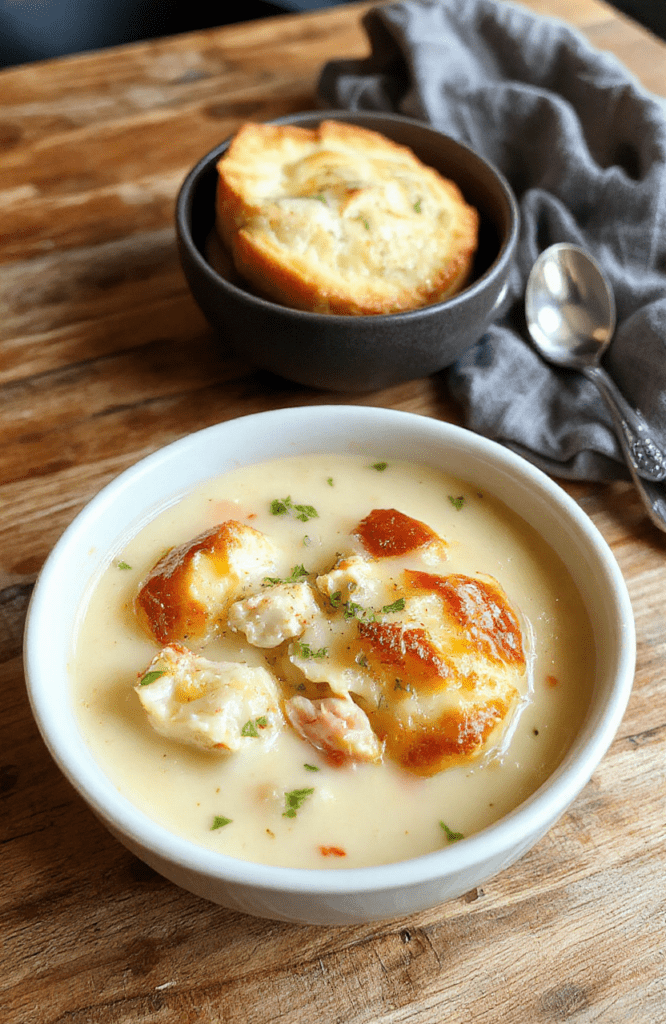 A rustic ceramic bowl filled with creamy chicken pot pie soup, featuring tender chunks of chicken, fluffy cauliflower rice, sweet peas, and diced carrots, all swirled in a golden cream sauce with a drizzle of olive oil and fresh thyme, served in a cozy kitchen setting.