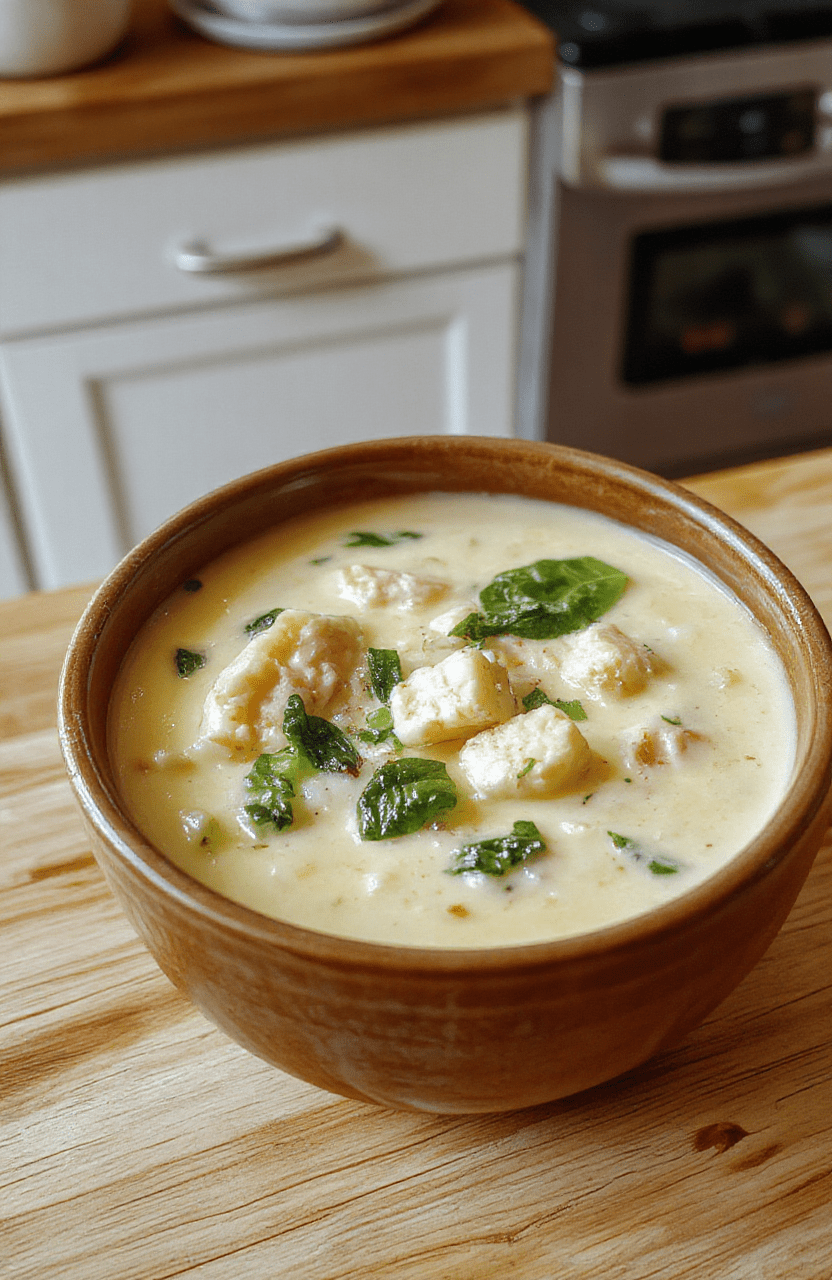 A rustic ceramic bowl filled with thick, creamy chicken and spinach soup, flecked with vibrant green spinach and tender chicken pieces, garnished with fresh parsley and a drizzle of olive oil, served with a slice of crusty sourdough on the side.
