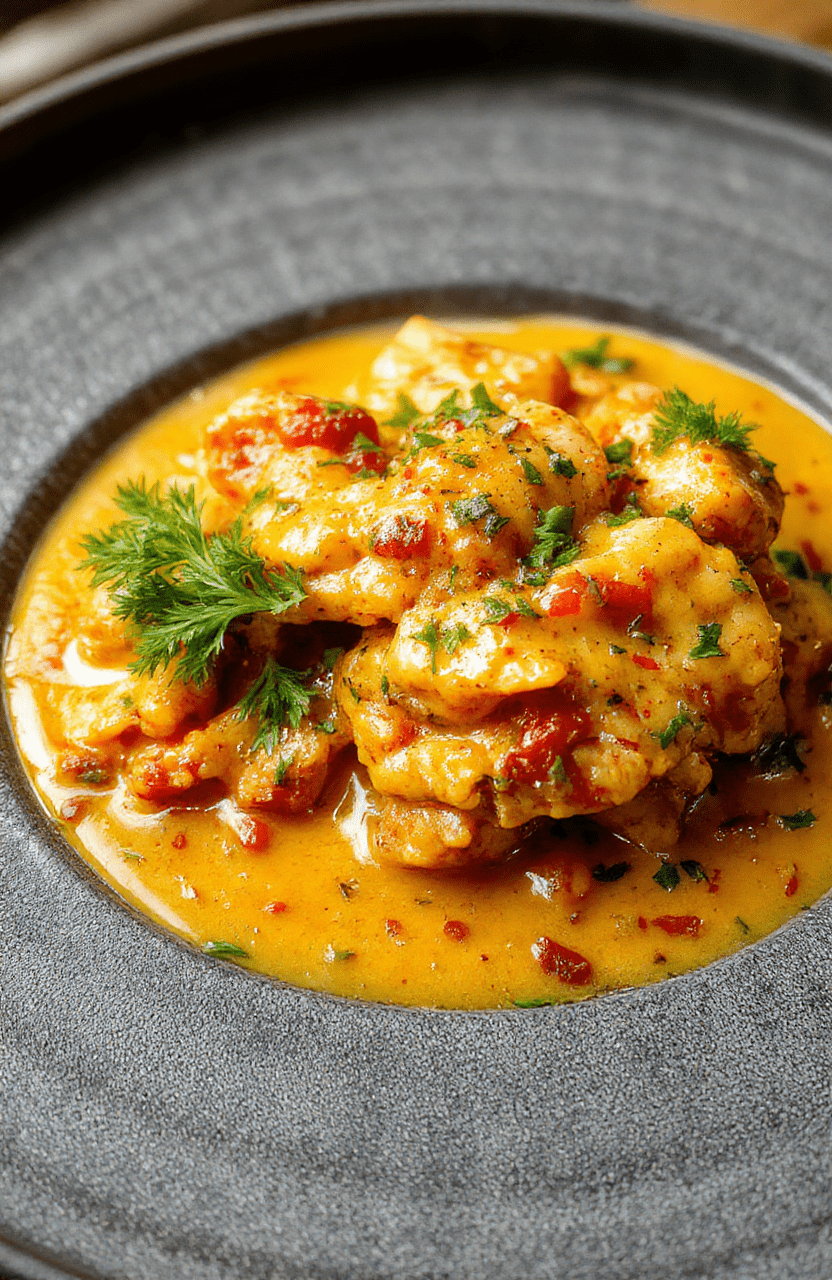 A rustic ceramic bowl filled with creamy chicken tikka masala: tender, char-grilled chicken pieces in a lush, orange-red tomato-and-creamy sauce with slivers of onion and flecks of fresh cilantro, served alongside steamed basmati rice in a side bowl.