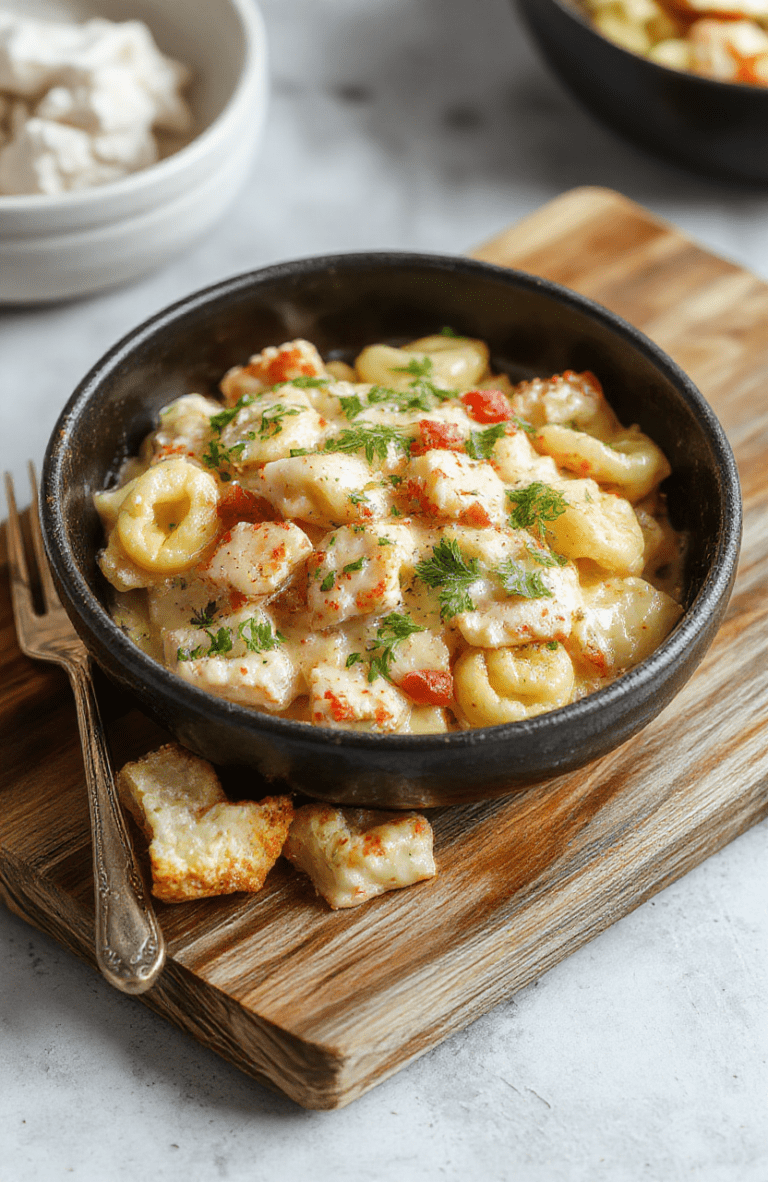 A steaming skillet of creamy chicken tortellini with golden-brown cheese-topped tortellini, tender chicken pieces, and vibrant green peas scattered over creamy Alfredo sauce in a white ceramic bowl on a wooden table with fresh parsley garnish.