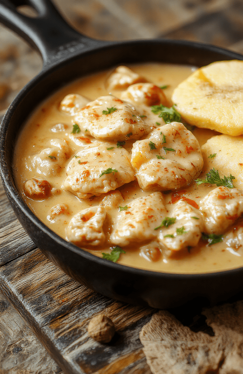 Slow-motion close-up of tender chicken breasts smothered in rich, golden-brown creamy gravy with flecks of thyme, garnished with fresh parsley and served over fluffy white rice in a rustic ceramic bowl, steam rising, matte black wooden table background, natural daylight, shallow depth of field focusing on the glossy gravy texture.