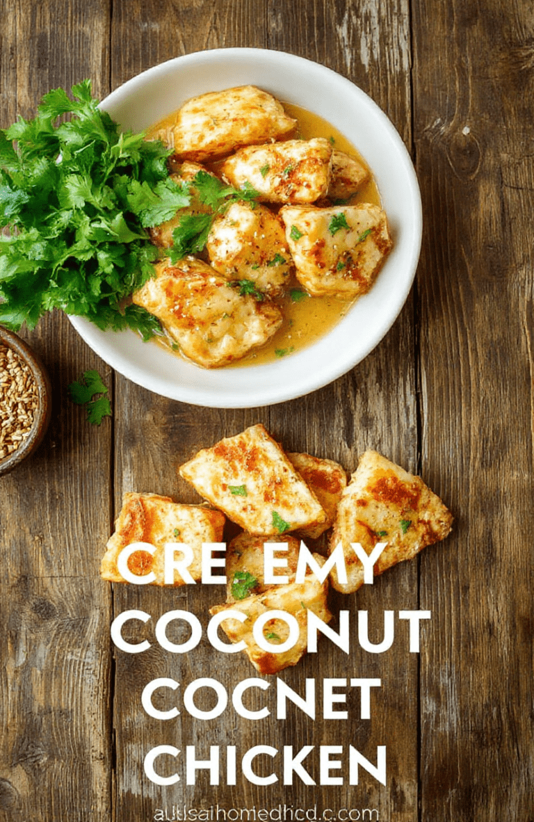A golden-brown pan-seared chicken breast topped with a rich, creamy coconut curry sauce, garnished with fresh cilantro and toasted sesame seeds, served over steamed white rice with sliced green onions scattered around the plate. Background is clean white marble with soft natural lighting.