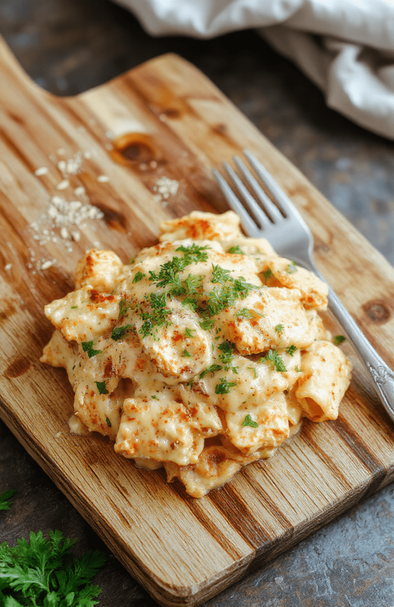 A steaming plate of creamy cowboy butter chicken pasta garnished with fresh parsley and cracked black pepper, resting on a rustic wooden cutting board. Tender chicken pieces glisten in golden-brown butter sauce with garlic threads, nestled in al dente pasta speckled with parsley. Background features soft-focus kitchen towel and copper pot.