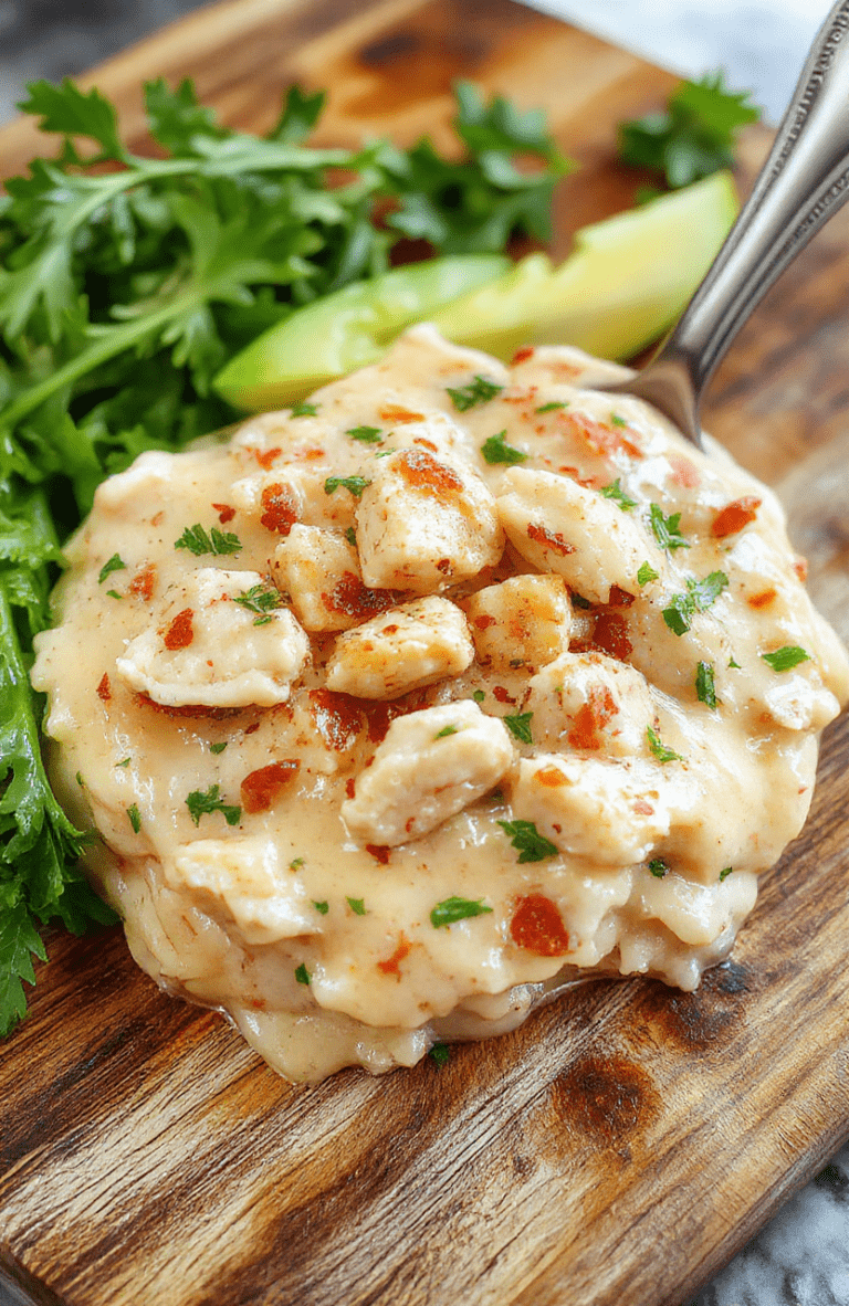 A steaming bowl of thick, creamy chicken wild rice soup with tender chicken, chewy wild rice, diced carrots, and celery, garnished with fresh parsley and a drizzle of cream, served in a rustic stoneware bowl on a light oak table