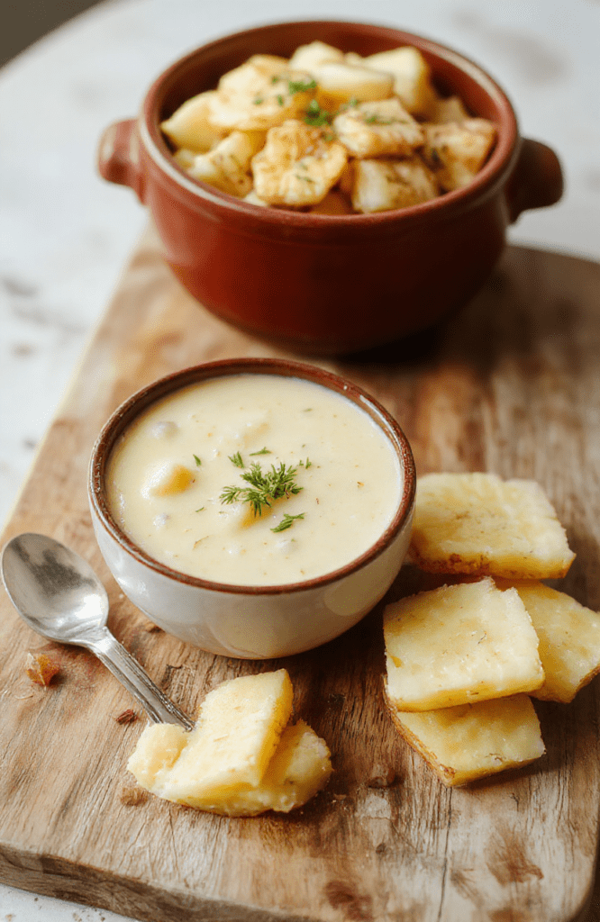 A steaming bowl of creamy crockpot potato soup with tender chunks of potato, visible caramelized onions, a swirl of sour cream, fresh chives, and crumbled bacon on top, served in a rustic ceramic bowl against a light wooden table with soft natural daylight and shallow depth of field.