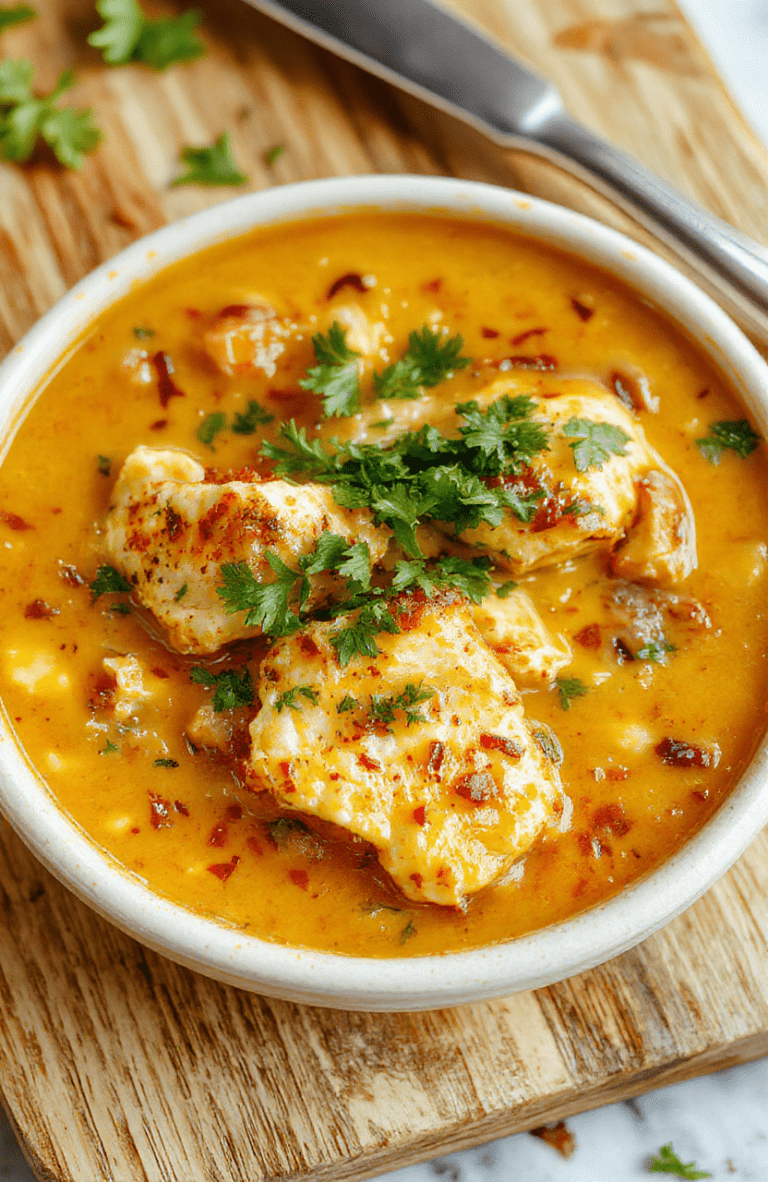 A rustic ceramic bowl filled with thick, creamy pinkish-orange enchilada soup, dotted with melted cheesy swirls, shredded rotisserie chicken, fresh cilantro leaves, avocado slices, and a dollop of sour cream. Steam rises gently. Served with a lime wedge on the side against a blurred wooden table.