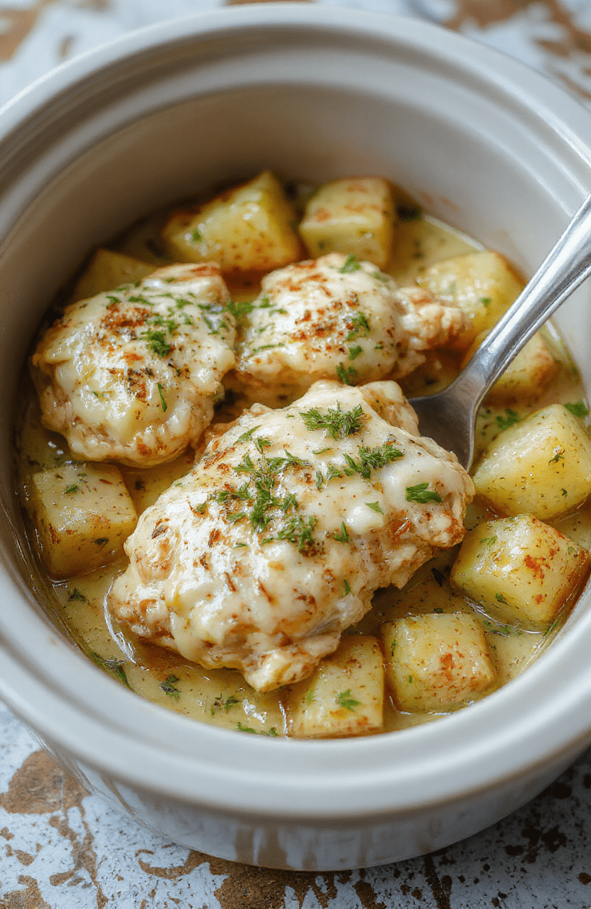 Golden-brown chicken thighs and halved baby potatoes glistening in a rich, creamy garlic parmesan sauce, garnished with fresh parsley and a light dusting of grated parmesan cheese, served in a rustic ceramic crockpot inside an oven-safe dish, shot in natural light with soft shadows