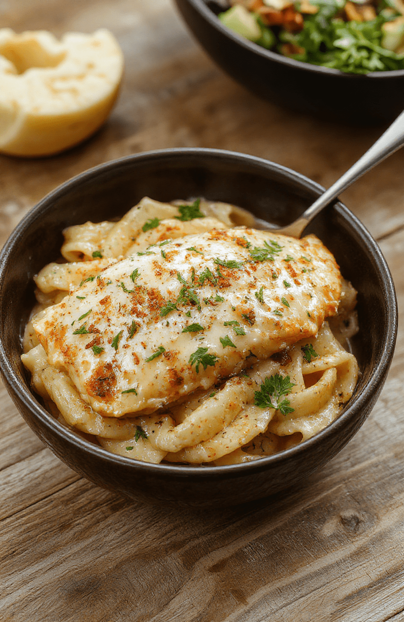 Golden-brown pan-seared chicken breasts topped with a glossy, creamy garlic parmesan sauce, garnished with fresh parsley and cracked black pepper, served over al dente fettuccine with a sprinkle of grated parmesan and a hint of olive oil drizzle, on a rustic white ceramic plate.