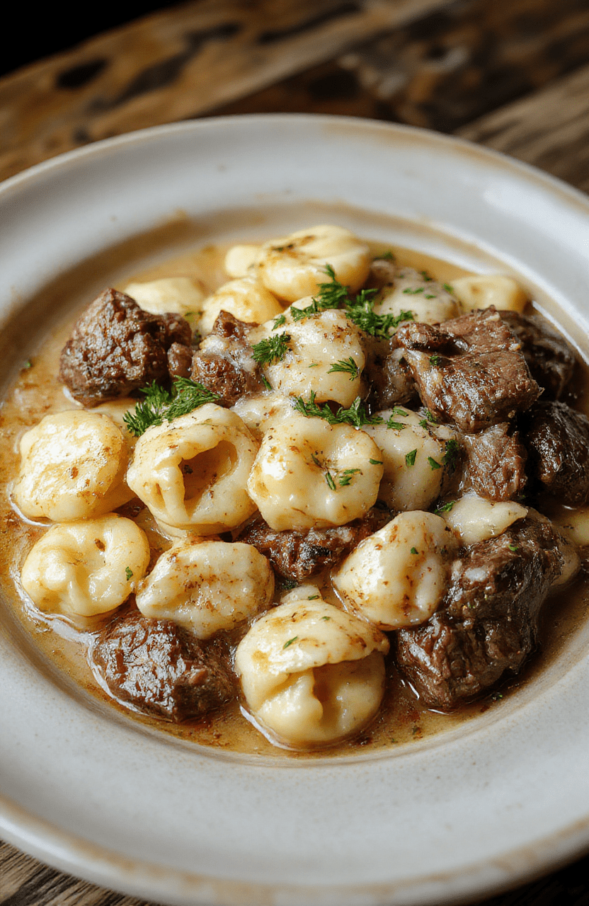 A steaming bowl of pink creamy garlic steak tortellini with tender seared steak pieces, golden-edged cheese-filled pasta, and a garnish of fresh parsley and cracked black pepper on a rustic wooden board, against a soft blurred kitchen background.