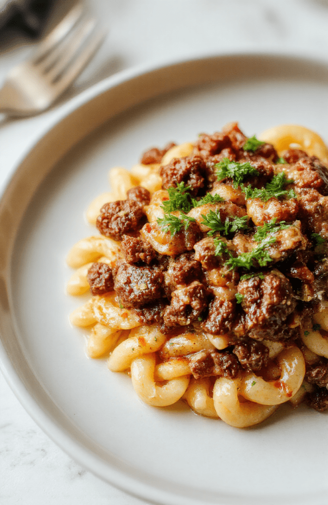 A rustic ceramic bowl filled with creamy, al dente orzo pasta tossed with rich browned ground beef, finely chopped onions, garlic, and a touch of Parmesan cheese. Fresh parsley is sprinkled on top, and a drizzle of olive oil glistens against the warm, golden-brown tones of the dish. Light steam rises faintly, suggesting it's freshly cooked.