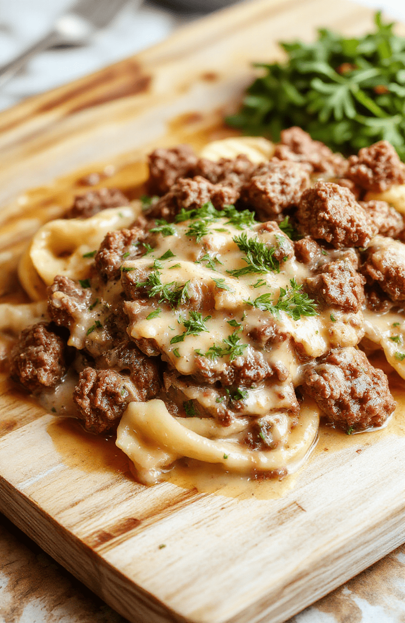 A steaming bowl of creamy ground beef stroganoff withrich brown mushroom gravy, tender beef pieces, and wide egg noodles, garnished with fresh parsley and a side of cracked black pepper, served on a rustic wooden board with soft focus background.