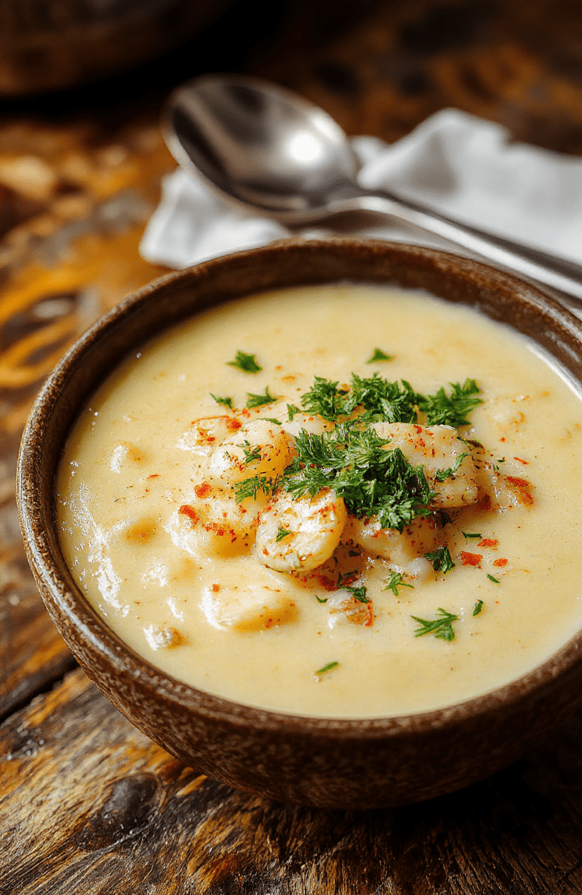 A steaming bowl of creamy loaded potato soup with visible chunks of tender potatoes, crispy bacon bits, shredded cheddar cheese, green onions, and a swirl of sour cream on top. The soup is thick and rich, served in a rustic white ceramic bowl against a light wooden tabletop with soft natural lighting and minimal props.
