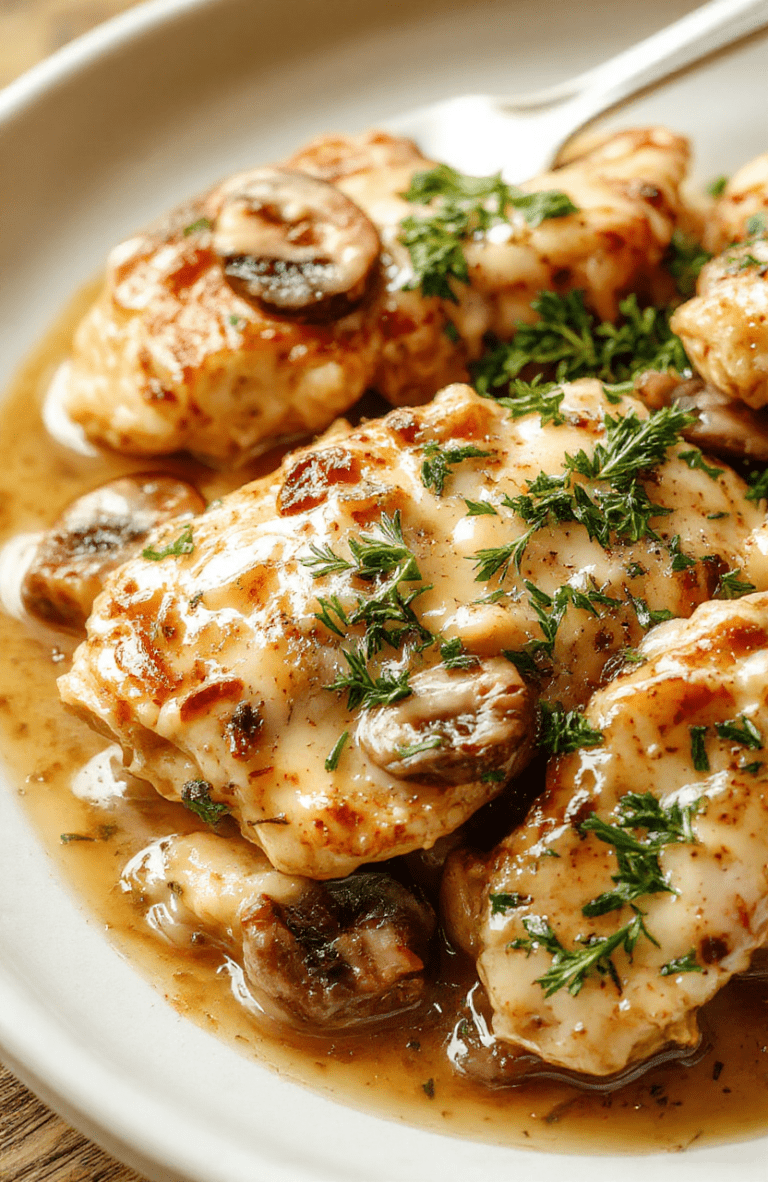 Golden-brown pan-seared chicken breasts nestled in a rich, creamy mushroom sauce with sliced mushrooms, fresh thyme sprigs, and a splash of white wine glaze, served over fluffy white rice in a rustic ceramic bowl, garnished with parsley.