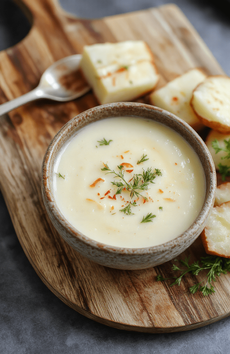 A steaming bowl of creamy potato soup garnished with crispy bacon bits, chopped chives, and a drizzle of sour cream, served in a rustic ceramic bowl against a wood table with soft natural light.