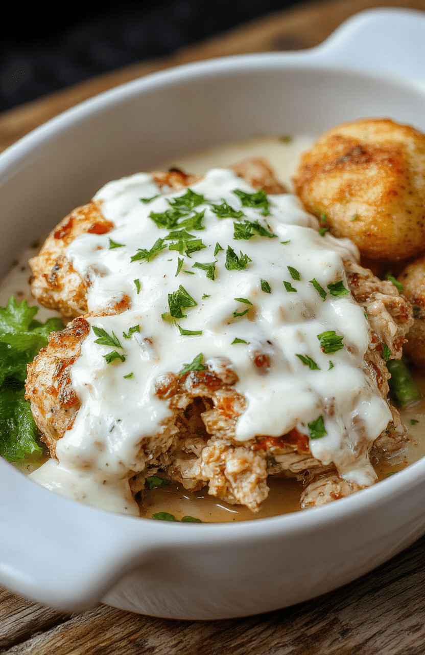 Golden-brown baked chicken breasts smothered in thick, velvety white ranch sauce, sprinkled with fresh parsley and cracked black pepper, served on a simple whiteware plate with roasted garlic mashed potatoes and steamed broccoli on the side, natural daylight, shallow depth of field, rustic yet tidy home-cooked presentation.