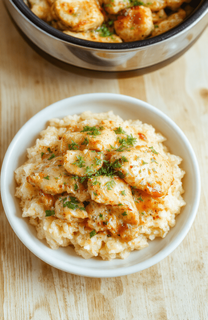 A comforting bowl of creamy slow cooker chicken and rice, garnished with fresh parsley, showcasing tender chicken breast, fluffy rice, and a light golden cream sauce in a rustic ceramic bowl with subtle steam rising.