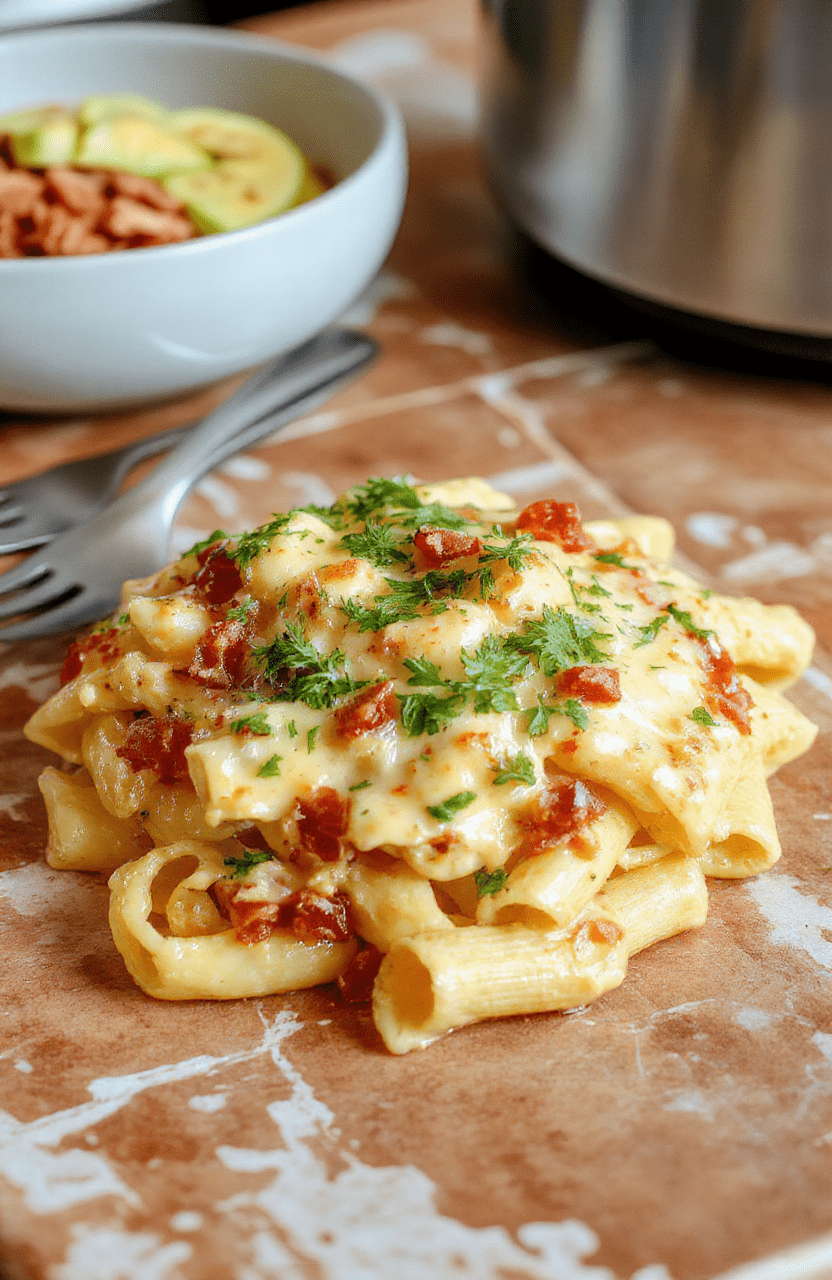 A vibrant bowl of penne pasta coated in a rich, golden-swirl Southwest Alfredo sauce, studded with roasted red peppers, diced avocado, black beans, and a sprinkle of fresh cilantro and crushed red pepper flakes, served beside a lime wedge on a rustic wooden board.