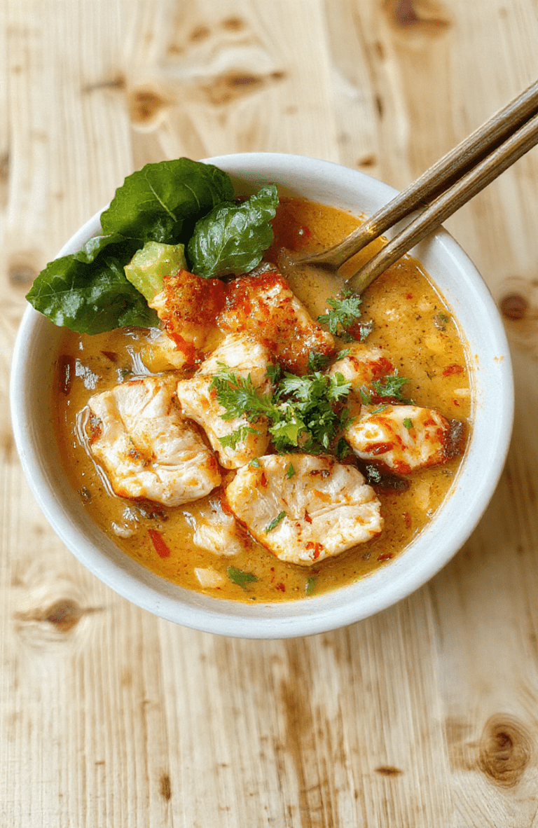 A steaming bowl of creamy spicy chicken ramen: rich golden broth with vibrant red chili swirls, tender sliced chicken breast, soft-boiled egg halved to show creamy yolk, curly ramen noodles glistening with sesame oil, garnished with chopped green onions, toasted sesame seeds, and a sprig of cilantro. Serve in a rustic ceramic bowl on a light oak tabletop with subtle wooden grain texture.