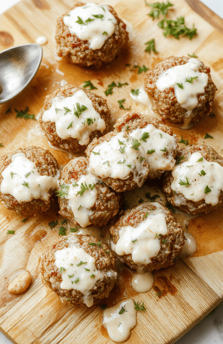 Plump, golden-brown Swedish meatballs nestled in a creamy dill sauce with soft textures, garnished with fresh dill sprigs and a hint of paprika, served on a rustic wooden board with a side of buttery mashed potatoes and lingonberry compote in a small ceramic bowl.