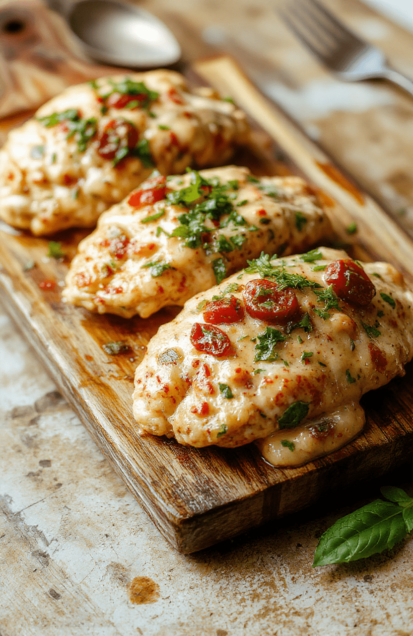 Creamy tomato basil chicken served in a white ceramic bowl with vibrant red and green garnish; tender shredded chicken simmered in a rich, reddish-orange tomato basil sauce with fresh basil leaves and a drizzle of olive oil on the side.