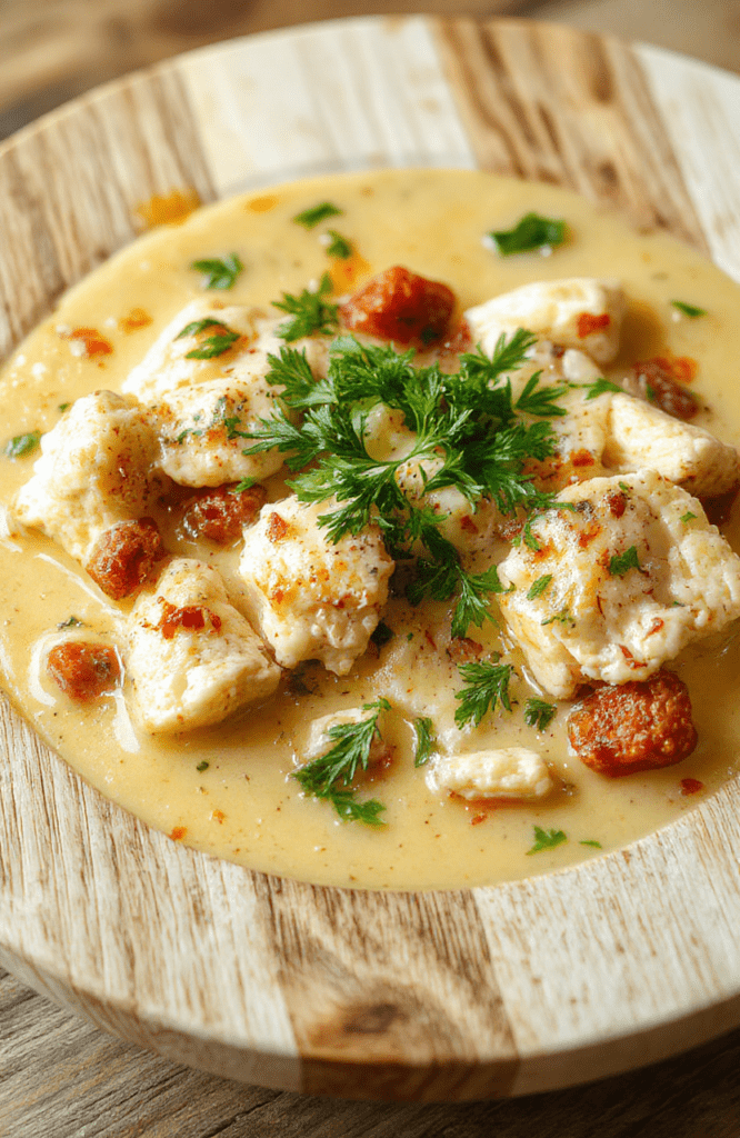 Bowl of creamy Tuscan chicken soup with tender chicken pieces, cooked spinach, sun-dried tomatoes, and creamy garlic broth, garnished with fresh parsley and a sprinkle of Parmesan cheese, served in a rustic ceramic bowl against a warm wooden table.