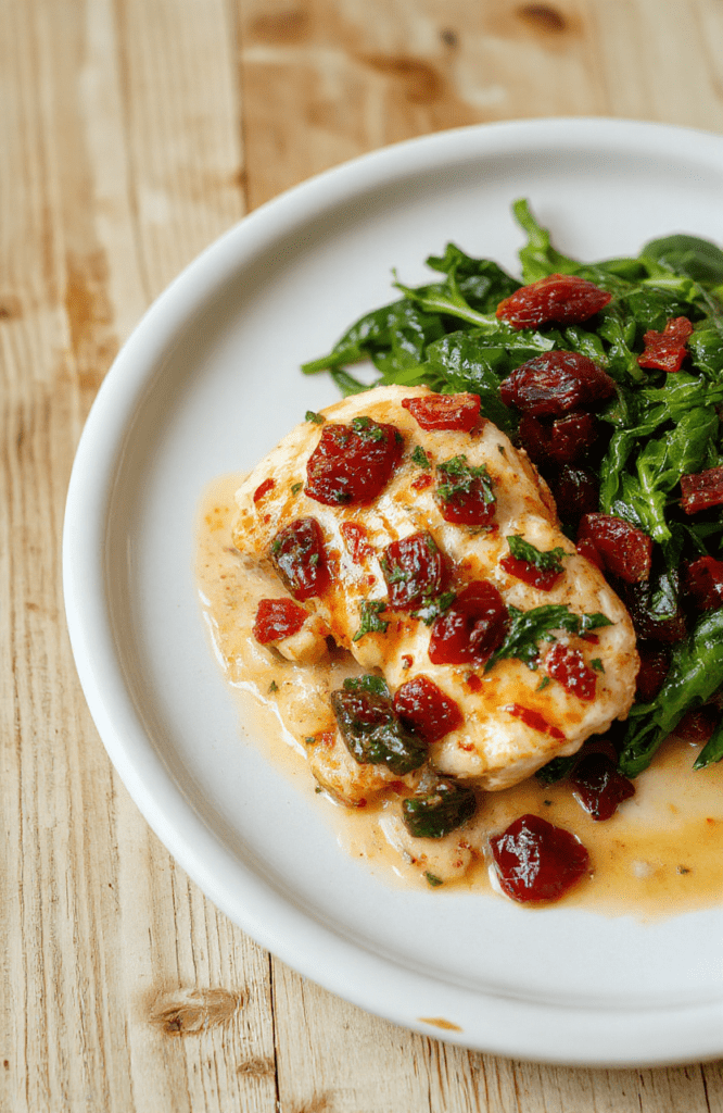 Golden-brown pan-seared chicken breast atop creamy garlic-parmesan sauce with wilted baby spinach and vibrant sun-dried tomatoes, garnished with fresh basil and cracked black pepper, served in a rustic white ceramic bowl against a light oak dinner plate.