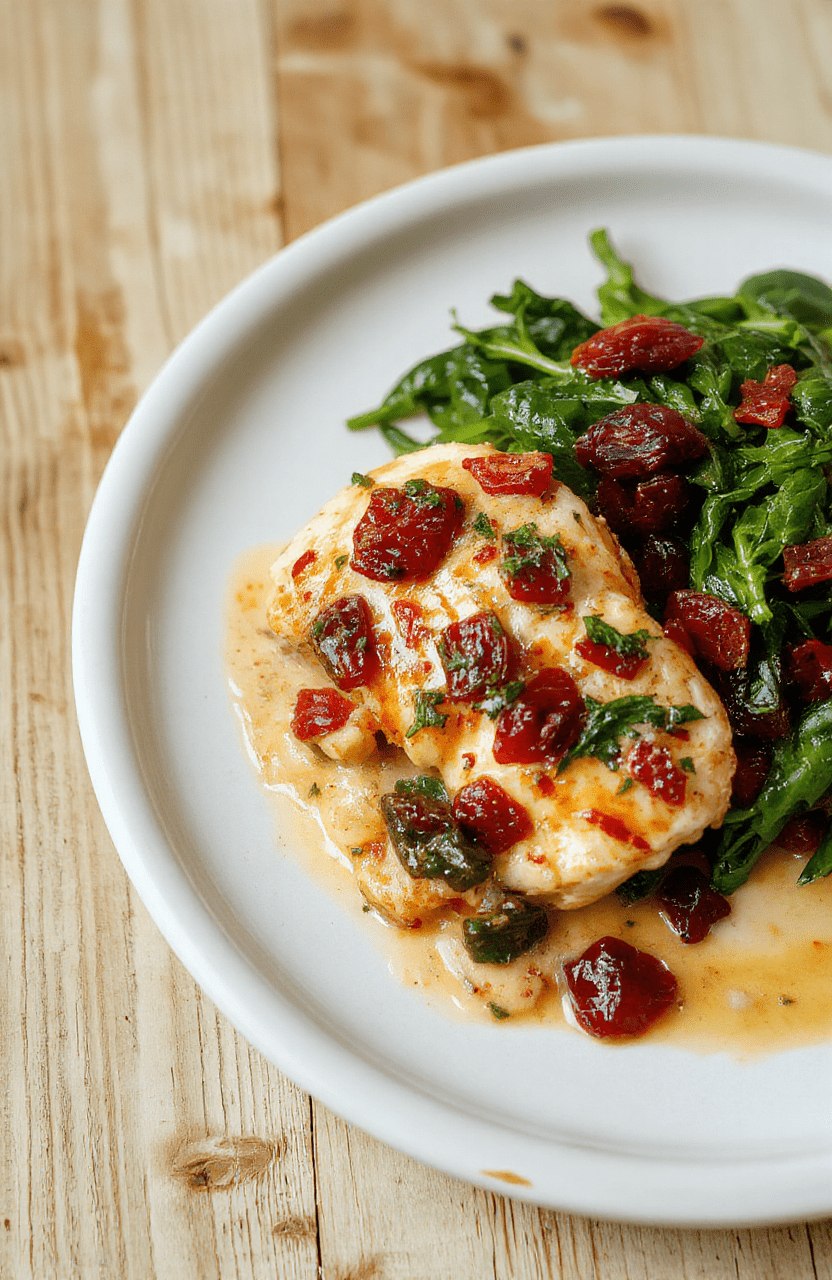 Golden-brown pan-seared chicken breast atop creamy garlic-parmesan sauce with wilted baby spinach and vibrant sun-dried tomatoes, garnished with fresh basil and cracked black pepper, served in a rustic white ceramic bowl against a light oak dinner plate.