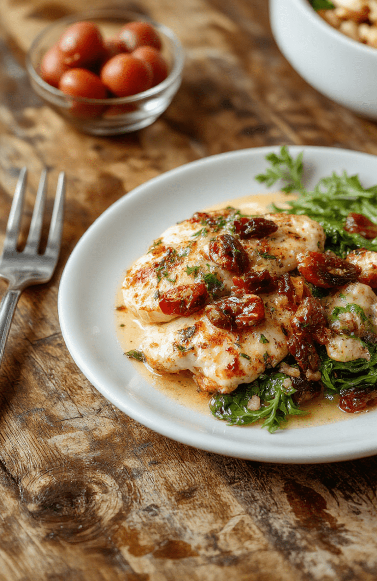 A golden-brown, seared chicken breast topped with creamy parmesan sauce, nestled on a bed of wilted baby spinach and chopped sun-dried tomatoes, garnished with fresh basil leaves and a sprinkle of grated parmesan, served in a rustic white ceramic plate against a soft, blurred背景