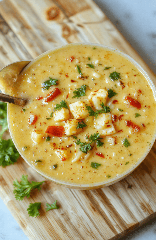 A rustic ceramic bowl filled with creamy green vegetable soup, featuring soft chunks of broccoli, celery, carrots, and leeks, swirled with a light touch of coconut cream and garnished with fresh parsley and a drizzle of olive oil. Warm steam rises, natural light highlights the vibrant textures and colors, served with a wooden spoon resting beside it.