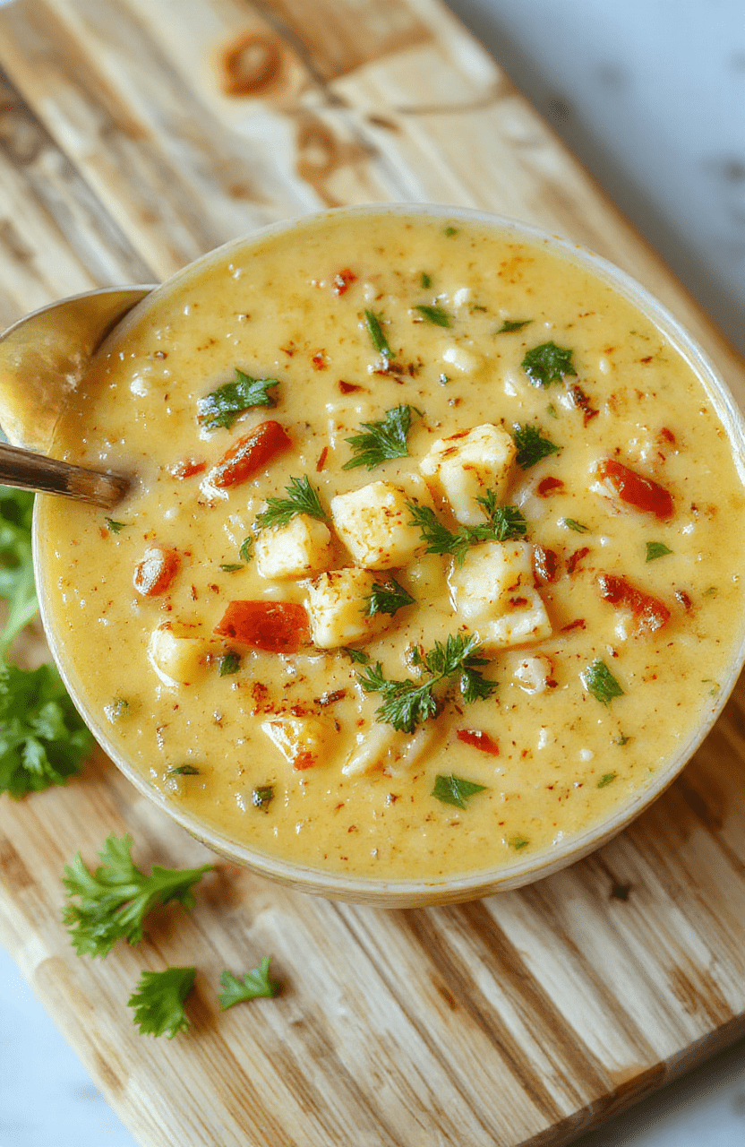 A rustic ceramic bowl filled with creamy green vegetable soup, featuring soft chunks of broccoli, celery, carrots, and leeks, swirled with a light touch of coconut cream and garnished with fresh parsley and a drizzle of olive oil. Warm steam rises, natural light highlights the vibrant textures and colors, served with a wooden spoon resting beside it.