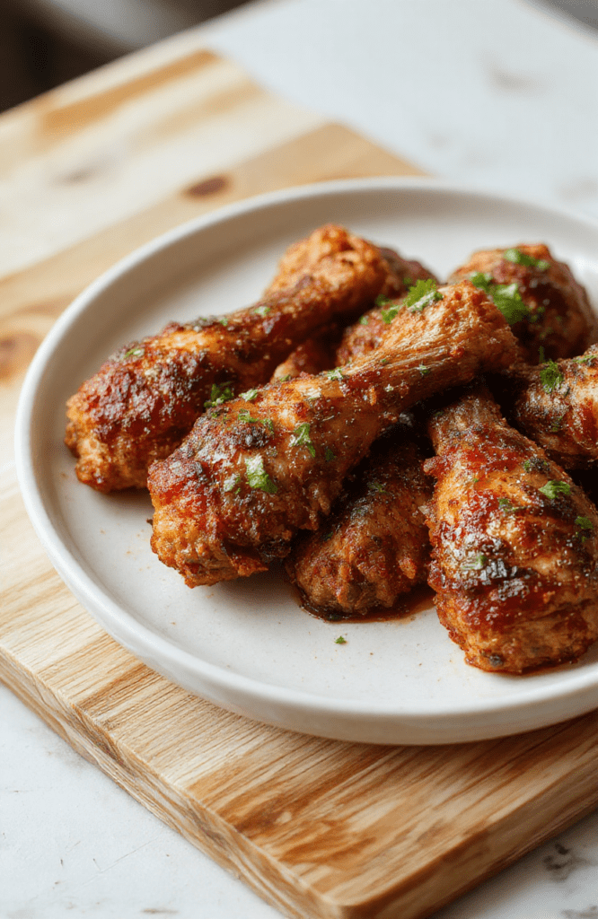 Golden-brown, crispy-skinned baked chicken legs on a white ceramic plate, resting on a bed of fresh rosemary sprigs and lemon wedge halves. Juices glisten on the skin, with faint herbal seasoning visible on the surface.背景 features soft natural light and a wooden table.