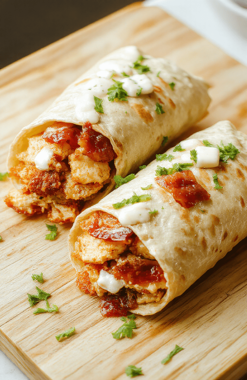 A golden-brown, slightly crispy flour wrap filled with shredded grilled chicken, crispy bacon strips, melted cheese, and creamy ranch dressing, wrapped neatly with a slight crackle visible on the tortilla exterior. Garnished with fresh parsley and served on a rustic wooden board with a side of ranch dip and cherry tomatoes.