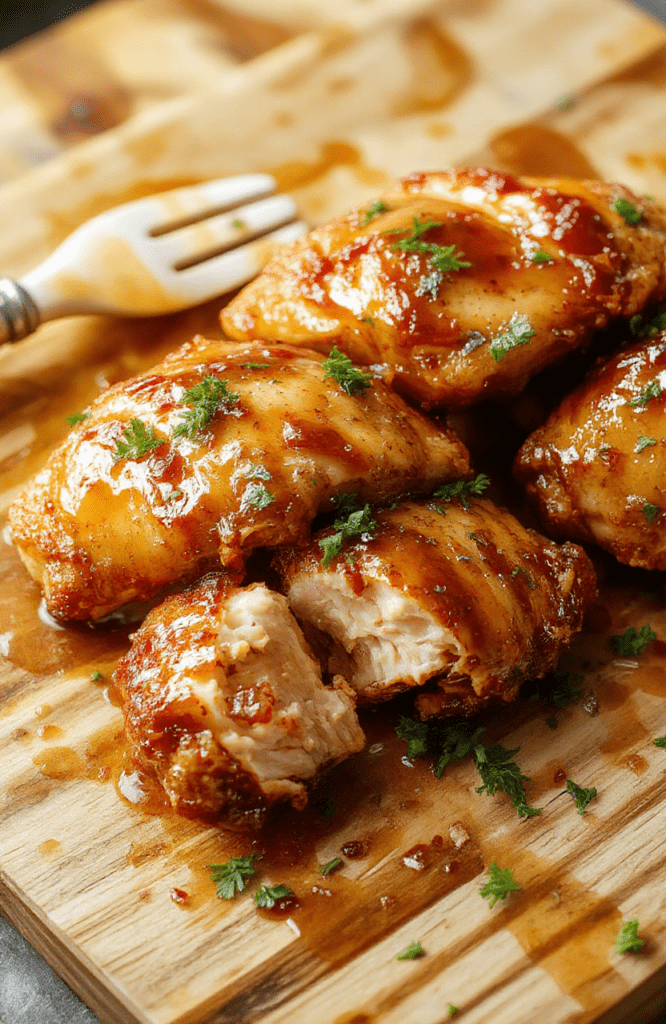 Golden-brown crispy chicken pieces glistening with glossy honey butter glaze, nestled on a rustic wood board next to fresh broccoli florets and roasted garlic cloves, with a drizzle of sauce and a sprinkle of sesame seeds