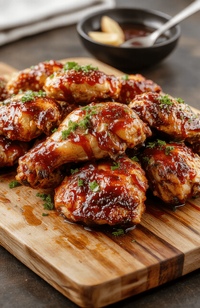 Golden-brown crispy-skinned chicken thighs glistening with sticky hot honey glaze, served on a rustic wooden board alongside smushed roasted garlic cloves and chopped parsley, with a drizzle of honey and red pepper flakes visible on the side.