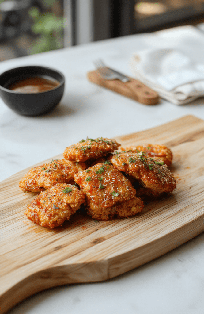 Golden-brown crispy orange chicken pieces glistening with sticky sweet-tangy orange glaze, scattered with toasted sesame seeds and sliced green onions, served in a white ceramic bowl against a rustic wooden table, steam rising lightly, fresh orange zest and orange slices adding vibrant color, shallow depth of field with soft natural light.