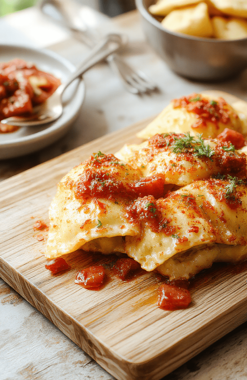 Golden-brown, crispy toasted ravioli arranged in a nest on a rustic wooden board, dusted with parsley and Parmesan, with a small side of warm marinara sauce in a miniature mason jar