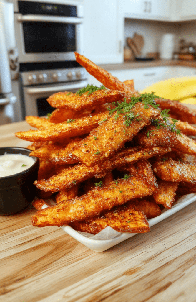 Golden-brown crispy sweet potato fries neatly piled in a rustic ceramic bowl, garnished with a sprinkle of flaky sea salt and fresh rosemary sprigs, placed on a clean wooden cutting board with subtle knife marks and natural wood grain visible.
