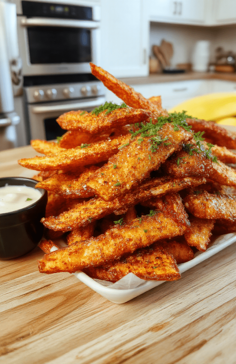 Golden-brown crispy sweet potato fries neatly piled in a rustic ceramic bowl, garnished with a sprinkle of flaky sea salt and fresh rosemary sprigs, placed on a clean wooden cutting board with subtle knife marks and natural wood grain visible.