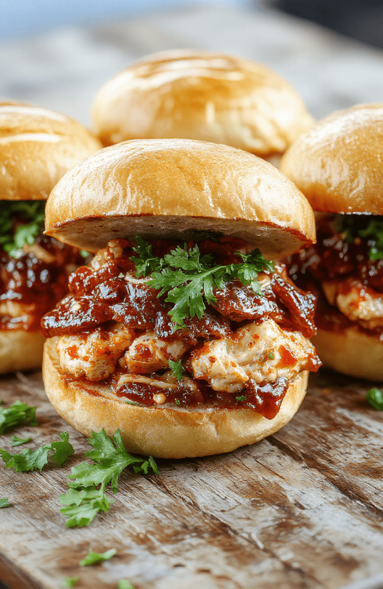 Juicy, smoky pulled chicken heaped on a toasted brioche bun, glistening with sticky sweet and tangy barbecue sauce, garnished with quick-pickled red onions and fresh cilantro, served on a rustic wooden board with cornbread muffins and coleslaw on the side.