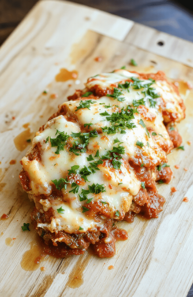 Golden-brown chicken cutlets nestled in a vibrant marinara sauce, topped with melted mozzarella and fresh basil, served over al dente spaghetti with a side of steamed broccoli on a rustic ceramic plate. Natural daylight highlights the cheesy pull and fresh herbs.