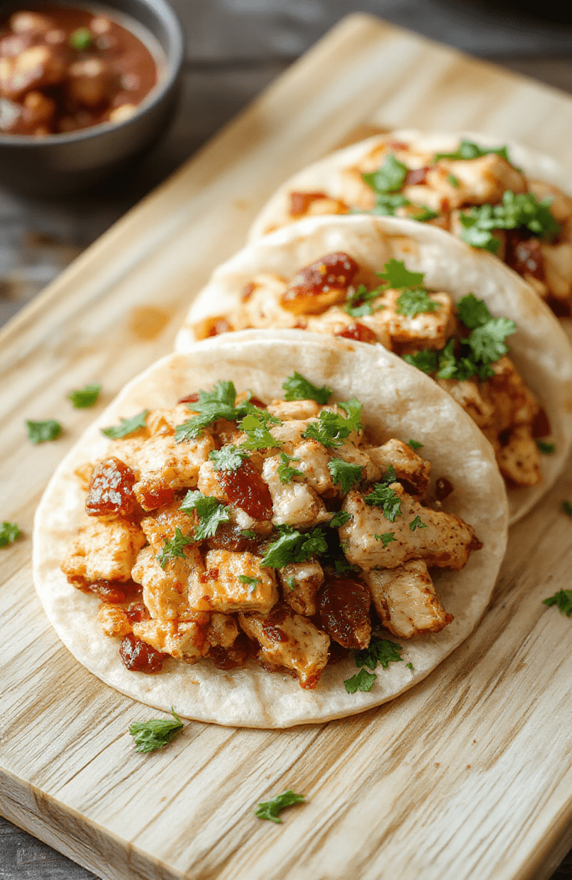 Juicy shredded chicken piled high in warm soft tortillas, topped with fresh red onion, cilantro, lime wedges, and a sprinkle of cotija cheese, served on a rustic wooden board with colorful bell pepper slices nearby