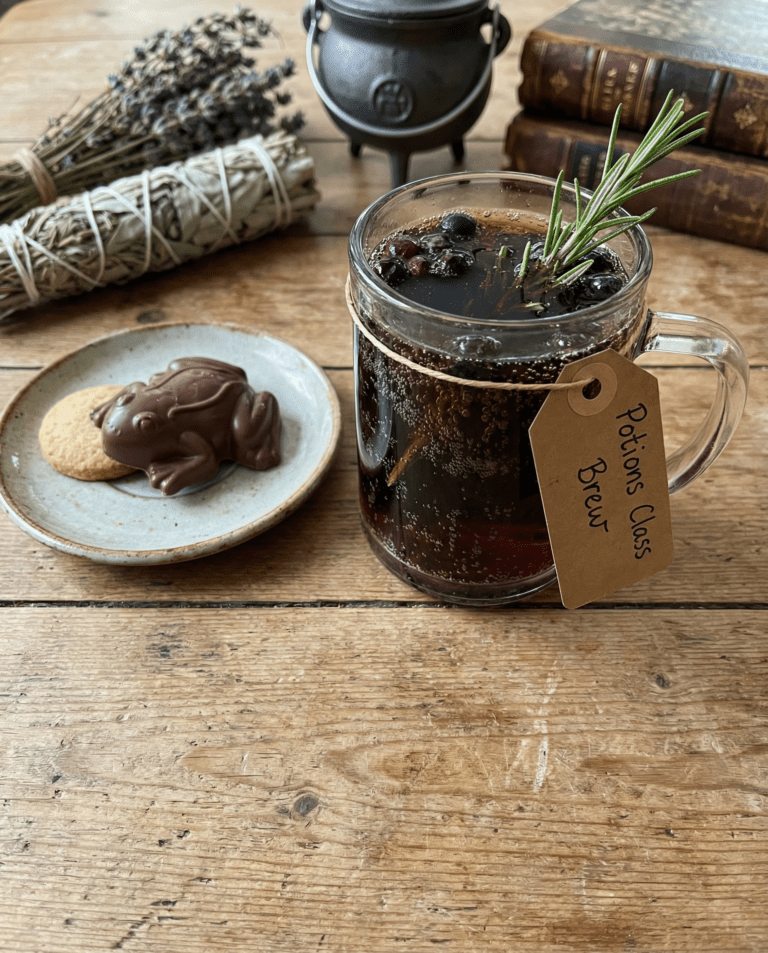 A vibrant glass filled with dark cola infused with magical herbs and glowing garnishes, styled on an aged wooden table with mystical lighting, featuring Harry Potter-themed props like a wand and a parchment scroll.